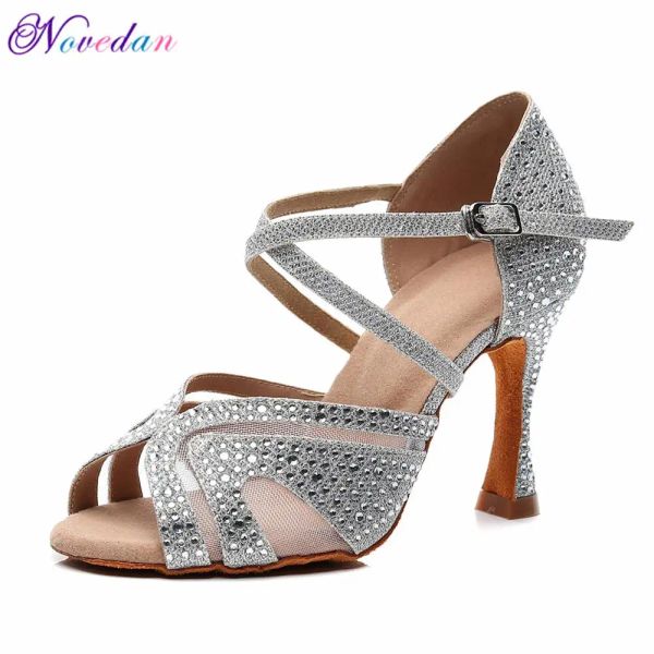 Stiefel lateinische Tanzschuhe Frauen Strass -Glitzer Salsa Ballsaal Sandalen Party Tanzschuhe High Heels 9cm Sier White