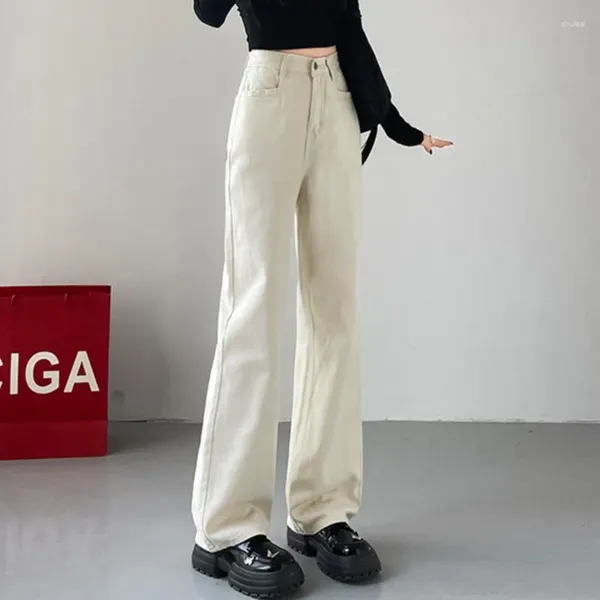 Jeans femininos cintura alta drapeado perna larga denim para cintura elástica solta reta moda calças compridas