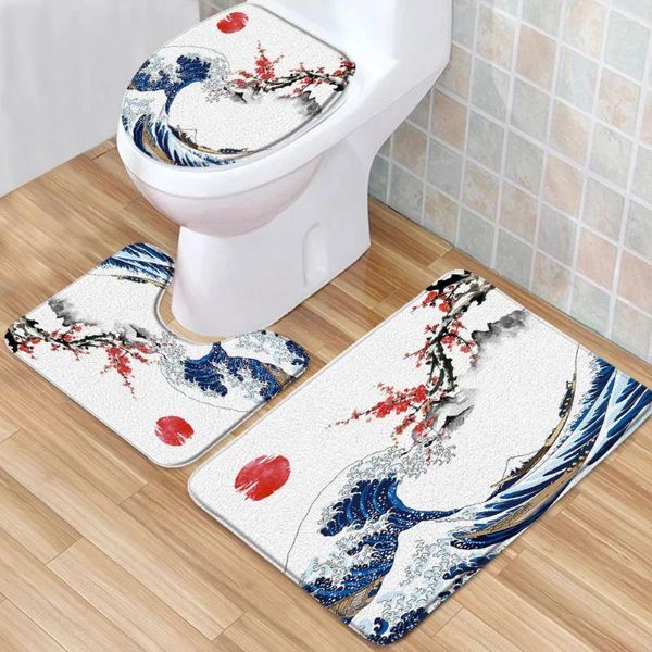 Tapetes de banho estilos chineses conjunto de tapete preto planta branca pássaro rosa flor pavão baixa pilha de pilha de espuma capa de vaso sanitário tapete em forma de U