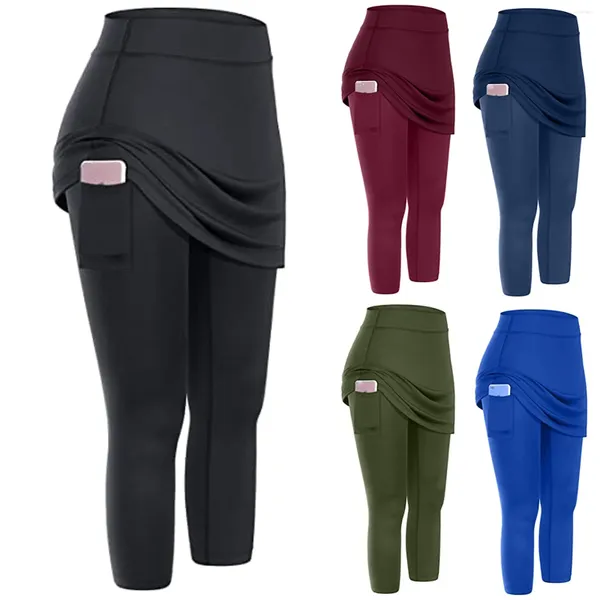 Calça ativa feminino saias esportes meias de fitness sem costura perneiras com bolsos Skirted Running Running Elastic Capris para feminino