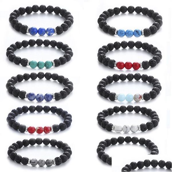 Perlenvulkanische Lava Steinperlen Armband Naturtürkis Armbänder Männer Strähnen elastischer Hand String Yoga Chakra Frauen Mode Jude Dh9in