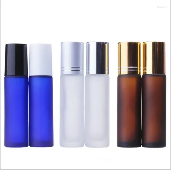 Garrafas de armazenamento 10 ml de vidro fosco de vidro aço/rolo de vidro bola prata/ouro/preto/tampa branca Creme para olho/perfume/óleo de desodorante essencial