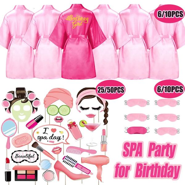 6/10 Sets Spa Geburtstagsroben für Mädchen Seide Soft Kimino Robe Kids Kids Party Gefälligkeiten mit Augenmasken Spa Po Booth Requisiten Lieferungen 240403