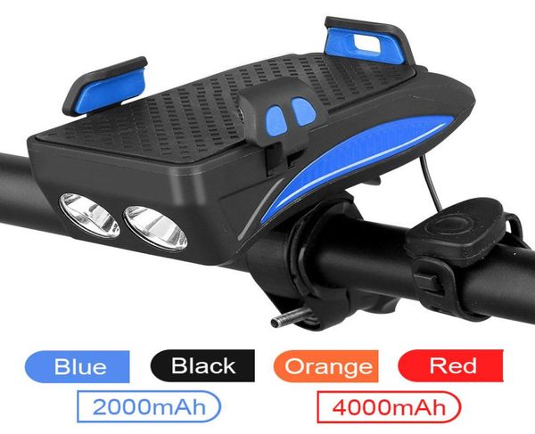 Multifuncional 4 em 1 mtb luz da bicicleta usb recarregável led lâmpada de cabeça chifre suporte do telefone powerbank ciclismo luz dianteira 1184199