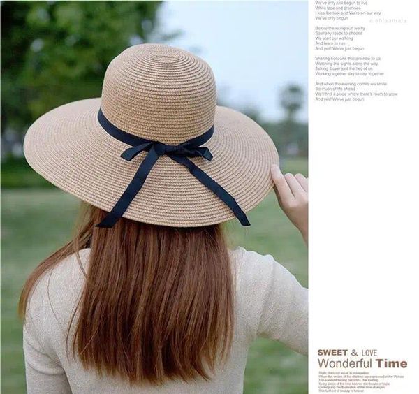 Breite Krempeln Hats Bowknot Ribbon Strohsonne für Frauen Mädchen Sommer UV Schutz Floppy Fold Mach Outdoor Reise Panama Mütze