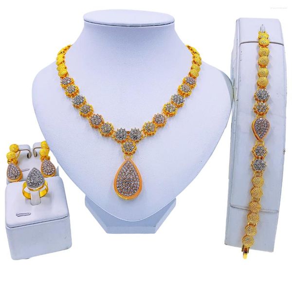 Collana di orecchini set 2024 gioielli di moda pendente goccia d'acqua Dubai braccialetto da donna anello per feste regalo di cristallo