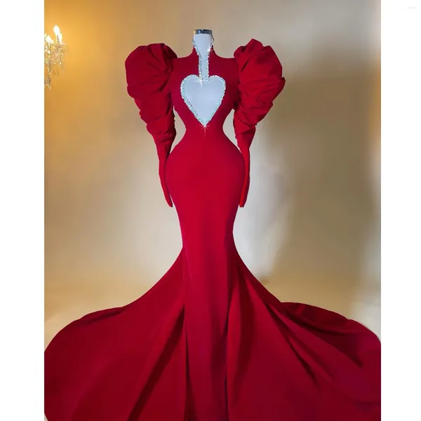 Partykleider süße rote Meerjungfrau formelle Rüschen Puffärmel Stretch Satin Prom Kleid Strass ausschneiden Hochzeitsbraut