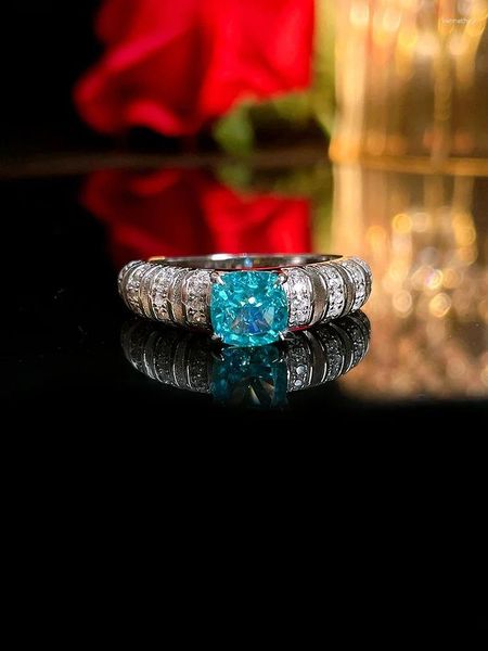 Cluster-Ringe 2024 Modischer Fat Square Sea Blue Treasure Crushed Cut 925 Sterling Silber Ring Set mit High Carbon Diamond Hochzeit