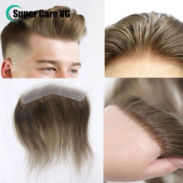 Tupees 0,06mm marrom reto de homem penteado v estilo linha de linha do cabelo frontal para homens 15 cm de cabelo humano Ultra Fin