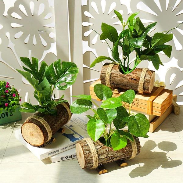 Fiori decorativi Simulazione del bacino in legno Simulazione verde pianta verde bonsai fiore falsa a foglia mobili per case foglia arredamento per il desktop per ufficio