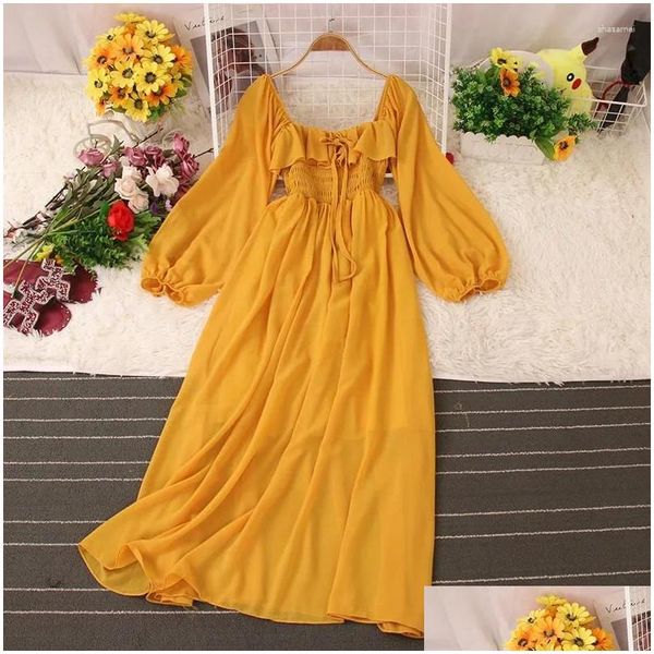 Vestidos casuais básicos primavera outono puffles à beira -mar vestido de praia de férias mulheres elegantes elegantes bainha chiffon lady alta cintura laço lanche long ve dhw76