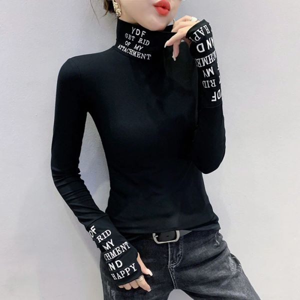 Tshirt a maniche bianche bianche nera QNPQYX Lettere da donna stampata da donna Femmme elastico harajuku Turtleneck Turtleneck Woman Cotton