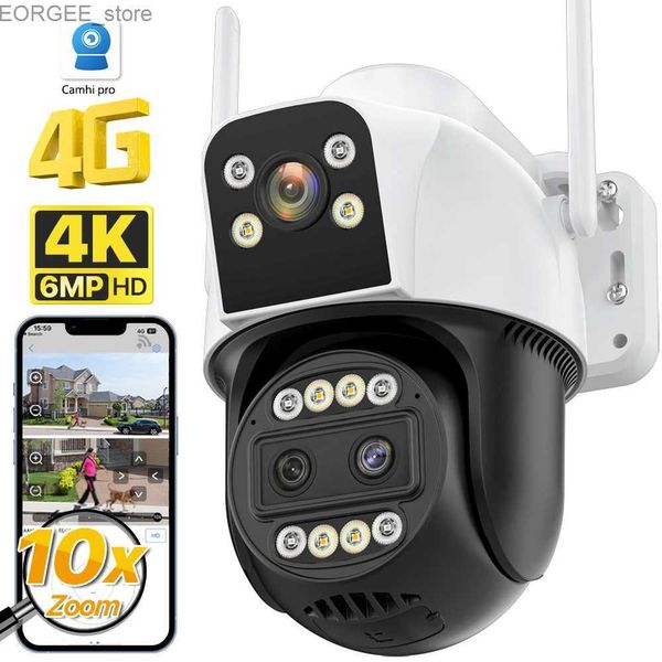 Другие камеры видеонаблюдения 4G SIM -карта IP -камера 6MP 4K HD Three Lens10x Zoom Wi -Fi Ptz Camera Outdoor AI отслеживание звука безопасности CCTV камера Camhi Pro Y240403