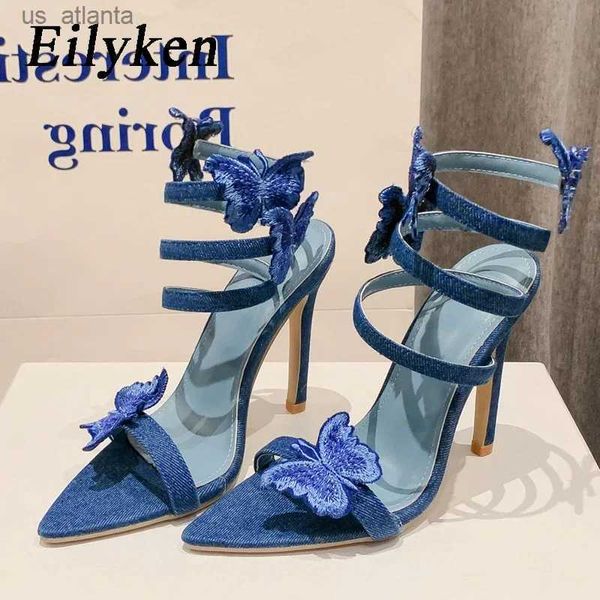 Kleiderschuhe sexy Jeans Schmetterlingsknoten High Heels Frauen Sandalen hohl aus amkle Riemchen Sommerspitze Zehen Zapatos Mujer H240403