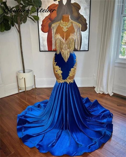 Abiti per feste Royal Blue Velvet Gold Crystal cristallo Mermaid Prom 2024 per abiti da ragazza nera sera Elegante celebrità di lusso