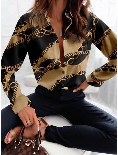 Женские блузки Простая рубашка с 3D-цепочкой Мода с V-образным вырезом и длинным рукавом Осенняя свободная уличная повседневная футболка Женская футболка