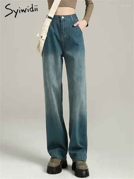 Jeans femminile syiwidii Basic High Wailed per donne Dritti Vintage Casual Blue Denim Y2K Pants Streetwear Wide Leg Woman