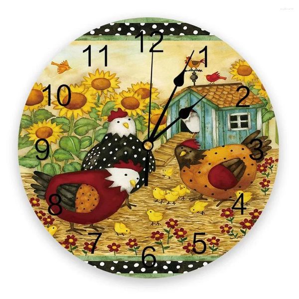 Relógios de parede O desenho animado da família de frango Sunflower Room Relógio Decoração redonda Decoração da cozinha da casa