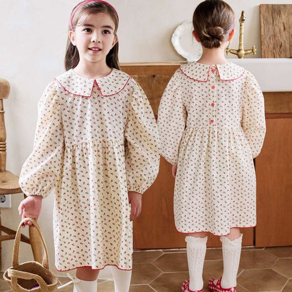 2022 Autumn Korean Wear Girls 'Mangueia longa com colarinho de lótus e vestido de algodão com estampa cheia de flores fragmentadas