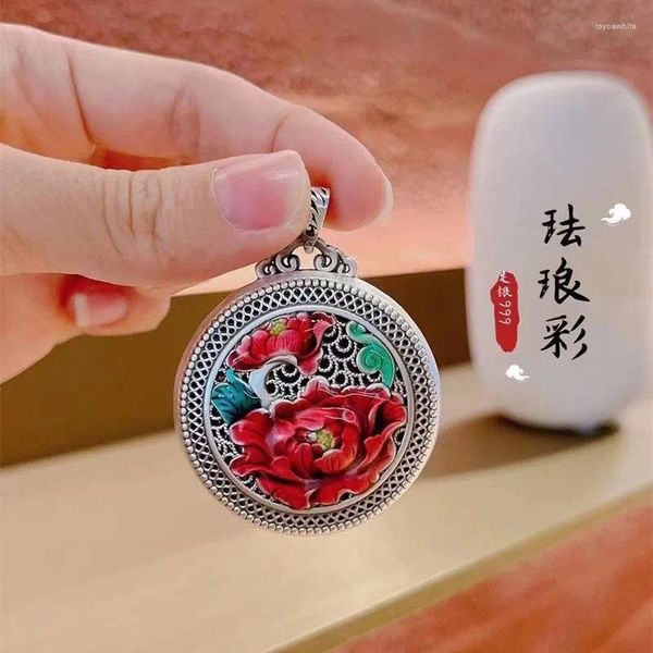 Ketten chinesische Stil Showy Vintage Hollow out rote Pfingstrose Blüten Anhänger 925 Silber Emaille Handwerk Runde Halskette für Frauen Schmuck