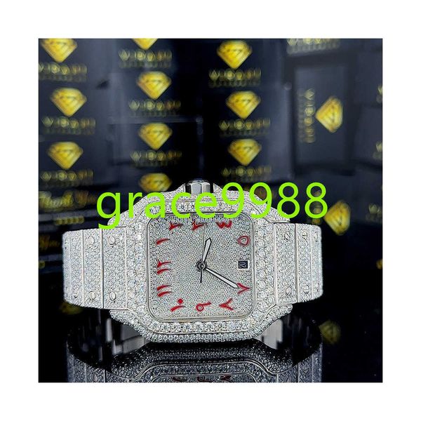 Высококачественные полные алмазные часы VVS Moissanite Hip Hop Iced Out Watches из нержавеющей стали из Индии