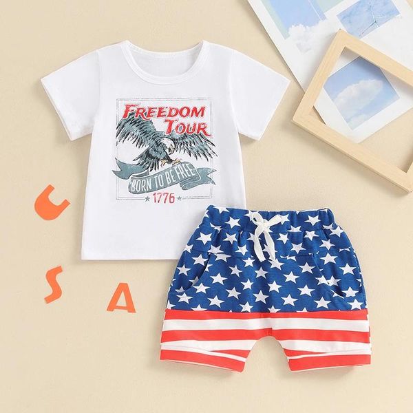 Kleidungssets 2024-03-11 Lioraitiin Baby Boy 4. Juli Outfit Eagle Letter Print Short Sleeve T-Shirt mit Stripe Star Shorts Sommer