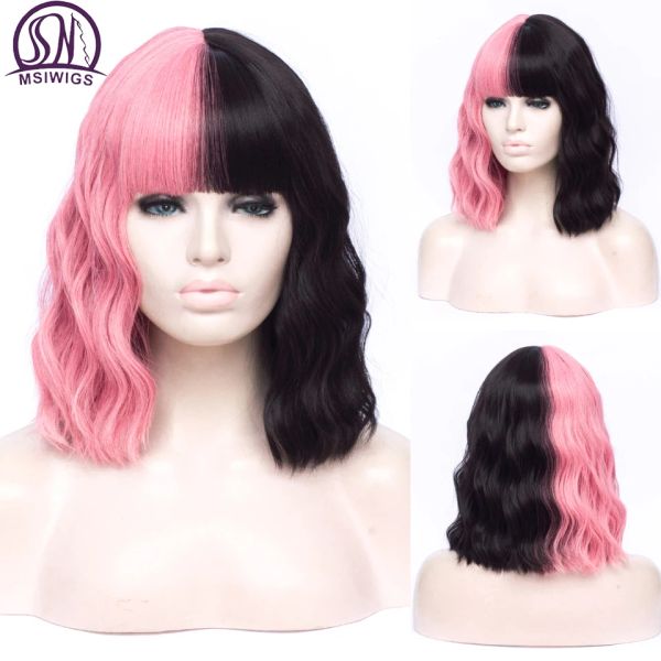 Perücken MSIWIGS Kurzer Two -Tone Black Pink Red Purple Color Perücken Cosplay bo synthetische Ombre Wellen für weiße Frau cos