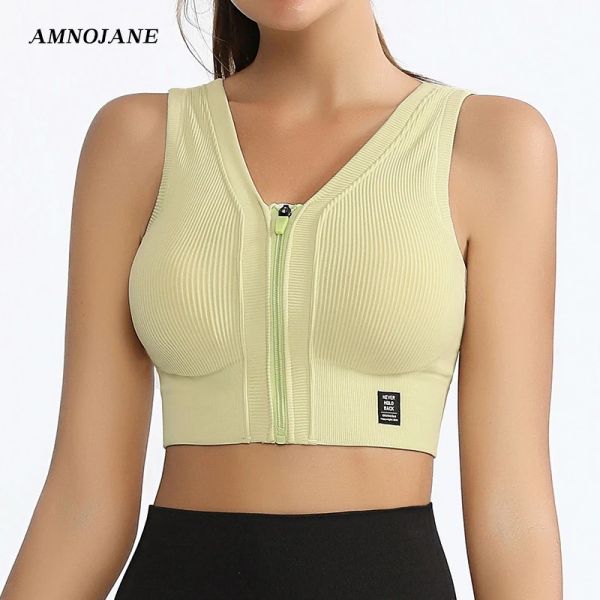 Bras Sports Bra Front Front Zip Sport Sport Bras de alto impacto Mulheres com nervuras de ginástica Push up Up Chefter Feminino Camisa cortada