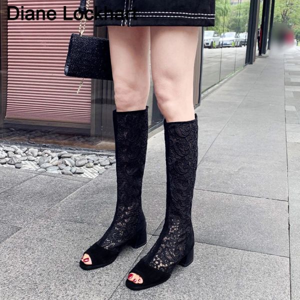 Stivali Fashion Peep Toe Knee High Boots Women Lace Mesh High Heels Scarpe Autunno Sandali Gladiatore Santi sexy Lady Leisure Long Boots 33