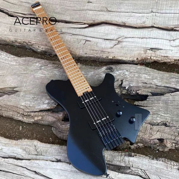 Guitar Acepro Headless E -Gitarre, P90 -Tonabnehmer, dunkelschwarzer Eschenkörper, gerösteter Ahornhals, Edelstahlbünde, hohe Qualität