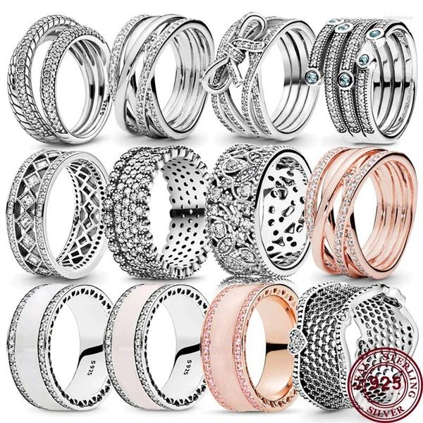 Rings de cluster autênticos 925 Sterling prateado cintilante em espiral arco vintage Princess Ring Ring Wedding Anniversary DIY Charm