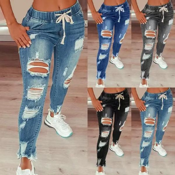 Jeans de cordão elástico de cintura alta e americana rasgados para mulheres 240403