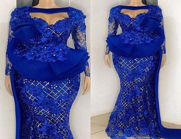 Plus Size Arabo Aso Ebi Sirena Abiti da ballo di lusso Maniche lunghe in pizzo blu royal Abiti da sera convenzionali per feste di secondo ricevimento D2534124