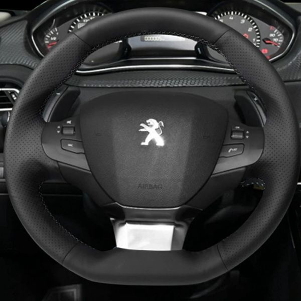 Coperchio volante in pelle nera fai-da-te per Peugeot 308 2014-2017 Accessori per auto sterzo in pelle in microfibra