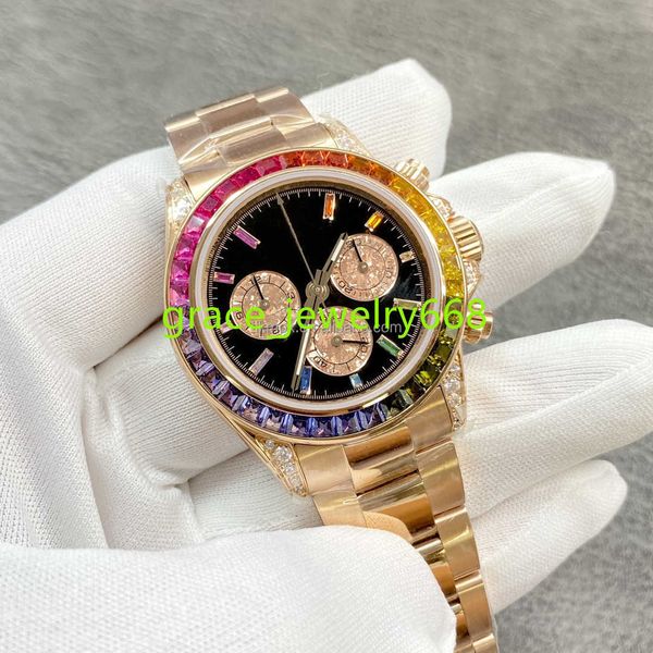Top Watch Brands Edelstahl 7750 Chronograph Automatische mechanische Uhr Bewegungen Rose Case Regenbogen Diamant Uhren