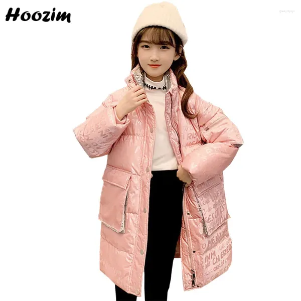 Down Coat Winter Shine Briefe gesteppte Jacke für Mädchen 6-14 Jahre modische grüne Rollkragenpullover Dicke warme Parka Schönheit rosa lange Kinder