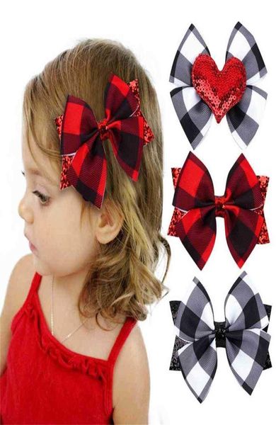 Bebê criança menina039s búfalo xadrez cheque arco de cabelo clipes lantejoulas amor coração bonito grampo de cabelo clássico vermelho preto branco preto barrette2913317