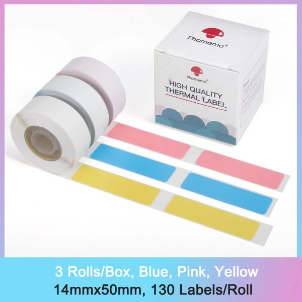 Carta phomemo colorato etichetta adesiva per etichetta per d30 stampante termica 14 x 50 mm carta stampante termica 130pcs/rotolo 3 nastri di etichettatura rotolo