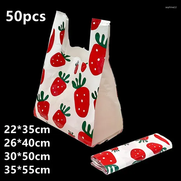 Praço de presente 50pcs Morango Sacal de colete de plástico Pacote de embalagens de pacote de festas lanche para lanches Disponível bolsa comercial Logotipo de impressão comercial