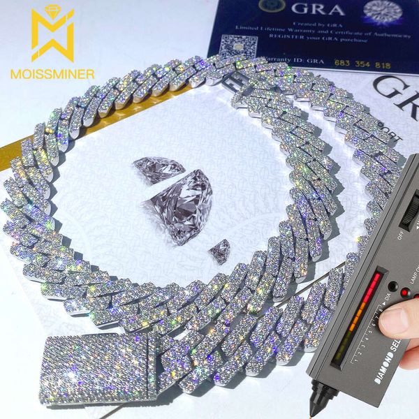 15 mm 2 Reihen Moissanit quadratische kubanische Kette aus Halsketten Männer Sier Choker für Frauen Pass Diamonds Tester mit GRA