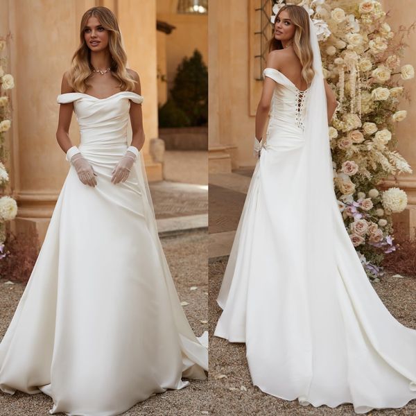 Milla Nova A Line Wedding Dress per sposa Off spalla Satina Country Wedding Dreats Pleats senza schienale Vestitidos de novi Designer Boho Bridal Gowns Boho Bridal