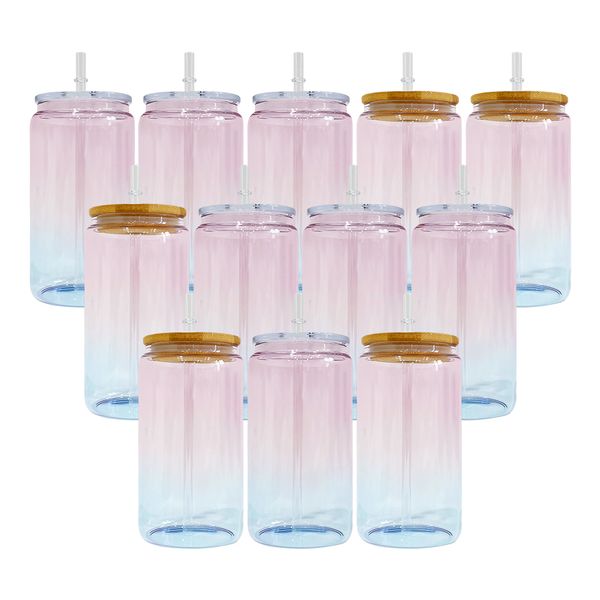 Gradiente rosa de cor azul Oceano de cristal pode em branco sublimação ombre geléia transparente transparente 16oz xícara de vidro para uv dtf wrops prontos para enviar 50pcs/estojo 4.23
