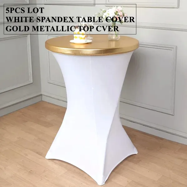 Tischtuch 5pcs Verkauf weiße Farbe Spandex Cocktail mit Gold Silber Metallic Top Cover für Hochzeitsveranstaltungen Bankettdekoration