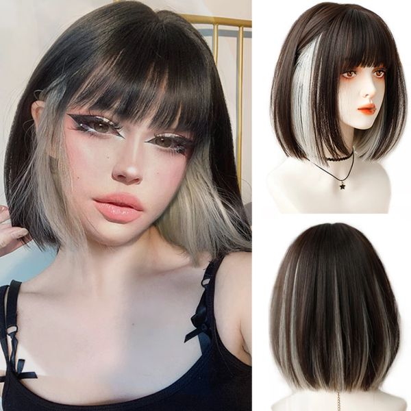 Парики Houyan короткие прямые волосы Bob Wig Bangs коричневые окрашенные серебряные розовые черные горы синтетического парика вечеринки