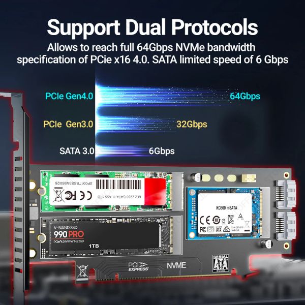 Jeyi Nvme Ngff und MSATA SSD PCIE 4.0/3.0 Adapterkarte, 3 in 1 M.2 NVMe an PCIe/M.2 Sata SSD an Sata III/MSATA zum SATA -Konverter