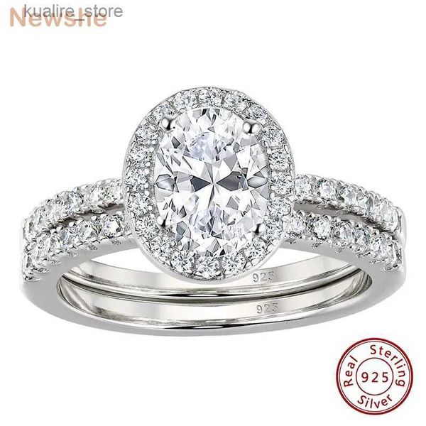 Ringos de cluster Newsshe 925 Anéis de casamento de prata esterlina Conjunto para mulheres simuladas diamante de 3,2ct Halo oval oval anel de noivado de zircão cúbico L240402