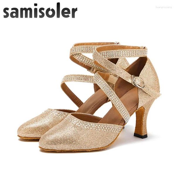 Sapatos de dança samisoler dourado/prata flash pano colocação brilho strass salão moda feminina competição latina