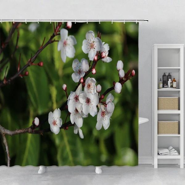 Душевые занавески Spring Pear Blossom Bloom Print Crearnect Set Set Landscape Green Leaf Nature Presery Want Polyester ткань