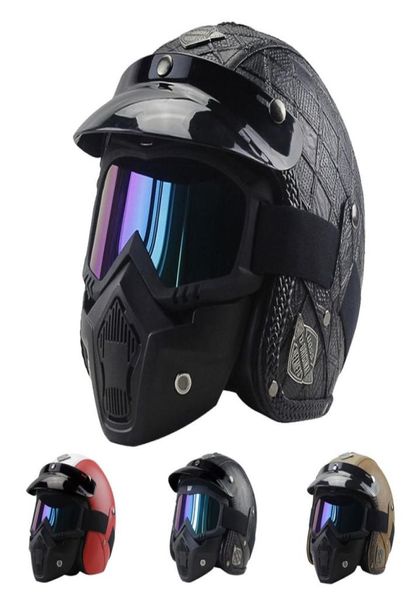 Capacetes de couro PU para motocicleta Chopper Bike meio capacete máscara de óculos vintage2885419
