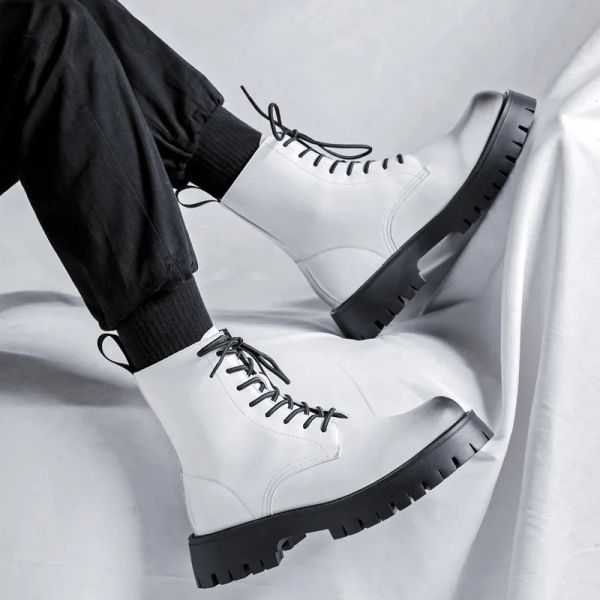 stivali uomini di lusso stivali in pelle genuina stivali laceup black white scarpe punk notclub abito high top piattaforma stivale cowboy lunghe botas